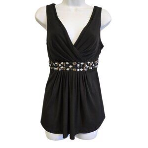 Black Babydoll Sleeveless Top Empire Embellished Waist & Tie Back Y2K Women's Sm